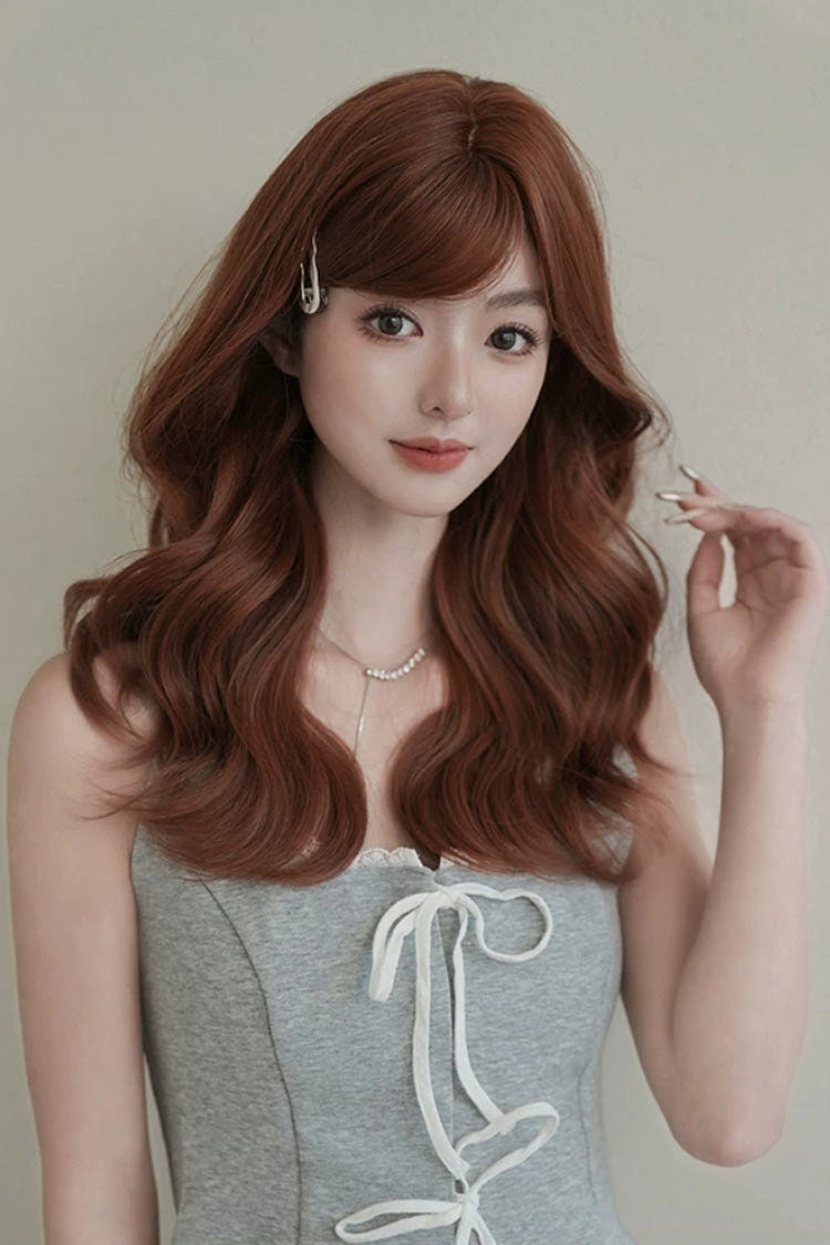 Sunset Orange Brown Natural Fluffy Medium Length Curly Sweet Lolita Wig with Side Bangs - Product - 2