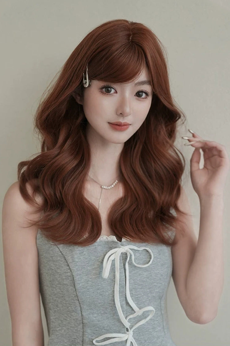 Sunset Orange Brown Natural Fluffy Medium Length Curly Sweet Lolita Wig with Side Bangs - Product - 2