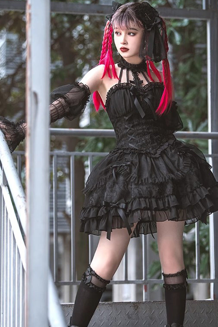 Dark Black Tube Top Sleeveless Blowknot Ruffled Gothic Lolita Tiered Dress - Product - 7