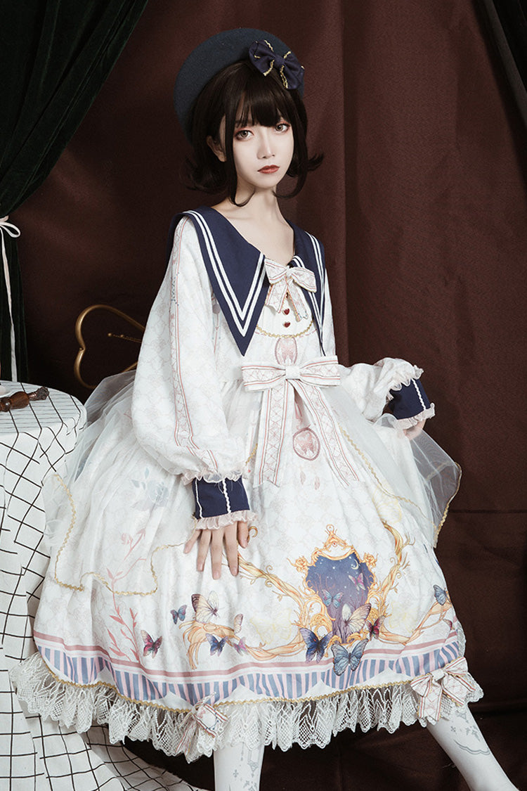 Weißer, marineblauer Kragen, lange Ärmel, Schmetterlingsdruck, Rüschen, Schleife, süße, elegante Prinzessin (Kleid einzeln), Detailansicht 3