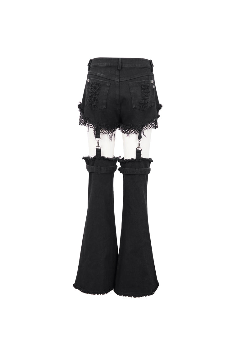 Black Segmented Splicing Old Fashioned Holes Flared Women's Punk Trouser - Product - 9