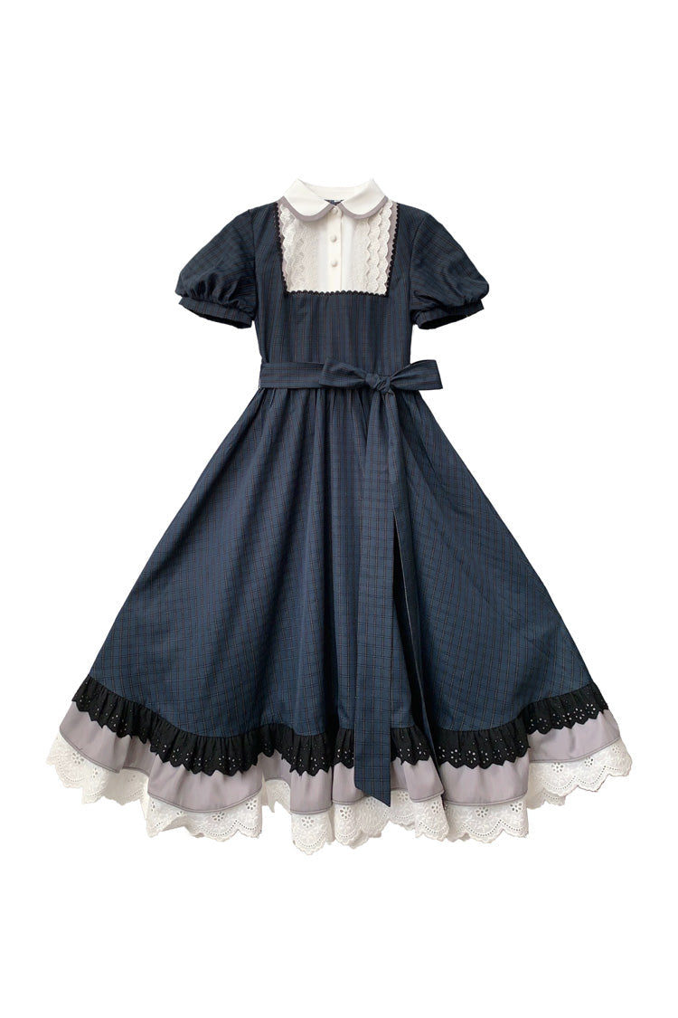 Blue [Phyllis] Lapel Collar Short Sleeves Printed Bow Classic Vintage Elegant Lolita Dress - Product - 3