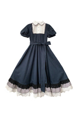 Blue [Phyllis] Lapel Collar Short Sleeves Printed Bow Classic Vintage Elegant Lolita Dress - Product - 3