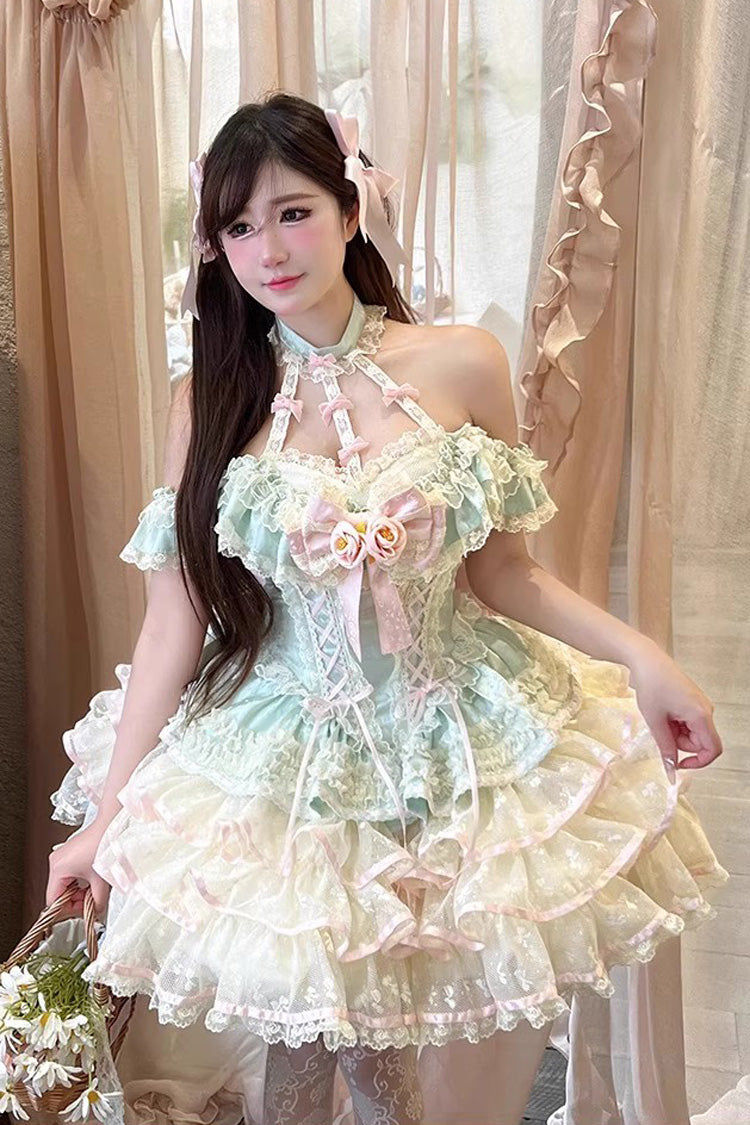 Green [Flower Language of Eros] Halterneck Multi-Layered Ruffle Bowknot Rose Lace Lace-Up Sweet Ballet Lolita Jsk Dress - Green - 1