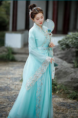 Green Butterfly Love Flower Embroidered Sweet Hanfu Dress - Product - 3