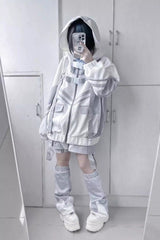 White/Grey Cyberpunk Functional Style Long Sleeves Hooded Jirai Kei Coat - Product - 2