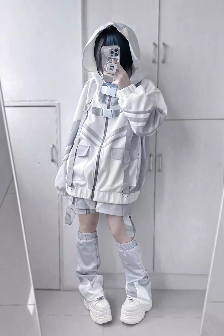White/Grey Cyberpunk Functional Style Long Sleeves Hooded Jirai Kei Coat - Product - 2