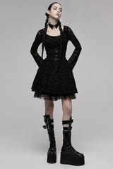 Black Minimalist Flared Sleeve Bat Moon Flocking Print Pattern Long Sleeves Punk Women's Dress - Product - 4