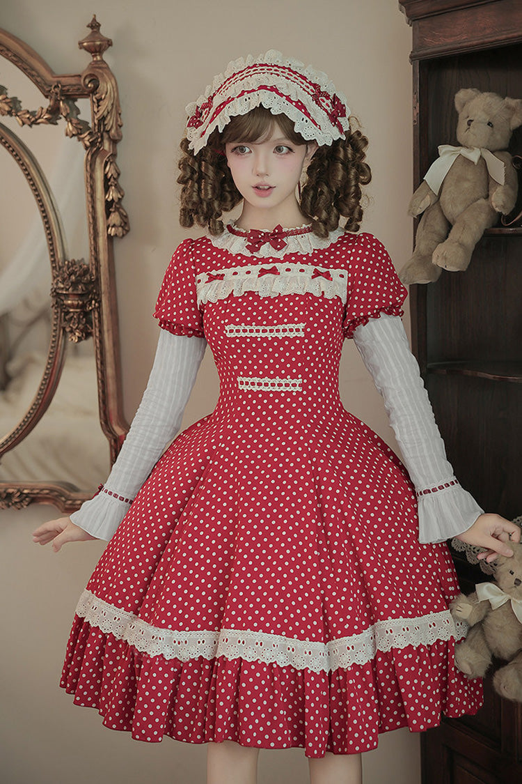 Red [Showa Memoir] Polka Dots Printed Ruffled Bow Sweet Lolita Dress - Product - 3
