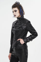 Black Stand Collar Crackled Buckle Women's Punk Jacket - Product - 4