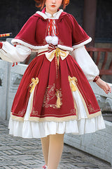 Red Chinese New Year Golden Crane Print Long Sleeve Sweet Lolita OP Dress - Red - 1