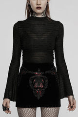 Black Gothic Velvet Striped Light Flared Sleeve Asymmetric Hem Sexy Long Sleeve Women's T-Shirt - Black - 1