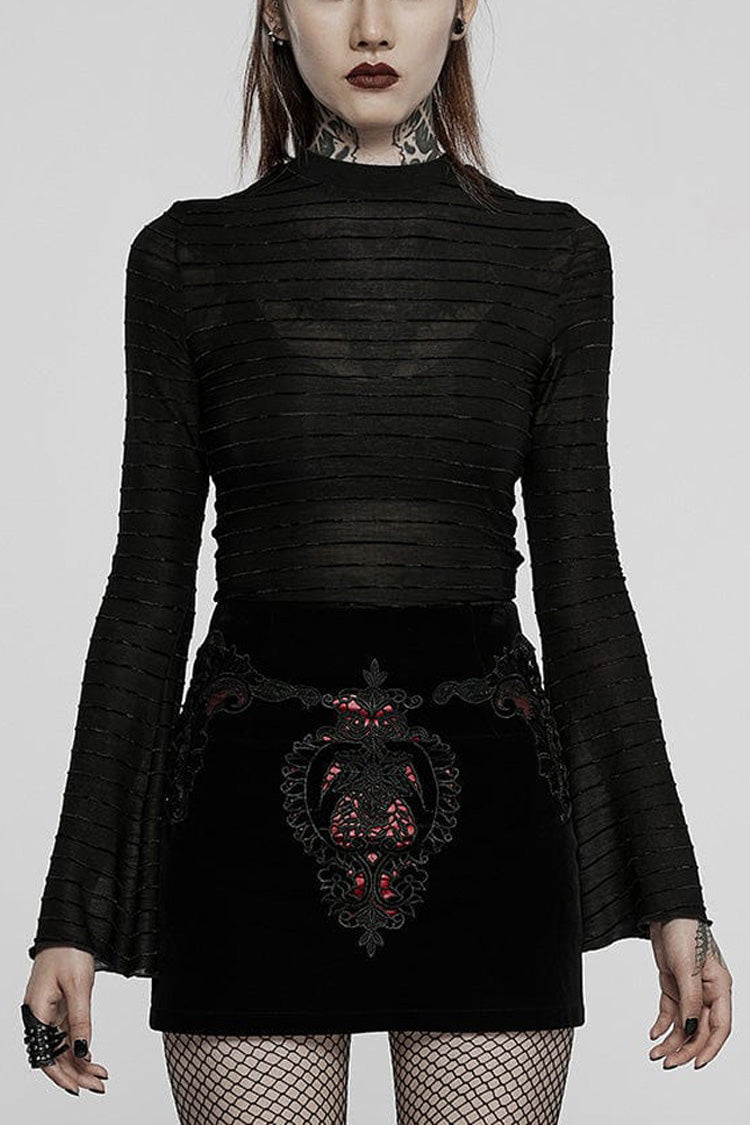 Black Gothic Velvet Striped Light Flared Sleeve Asymmetric Hem Sexy Long Sleeve Women's T-Shirt - Black - 1