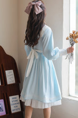 Lapel Collar Lantern Sleeves High Waisted With Bow Sweet Lolita OP Dress - Product - 8