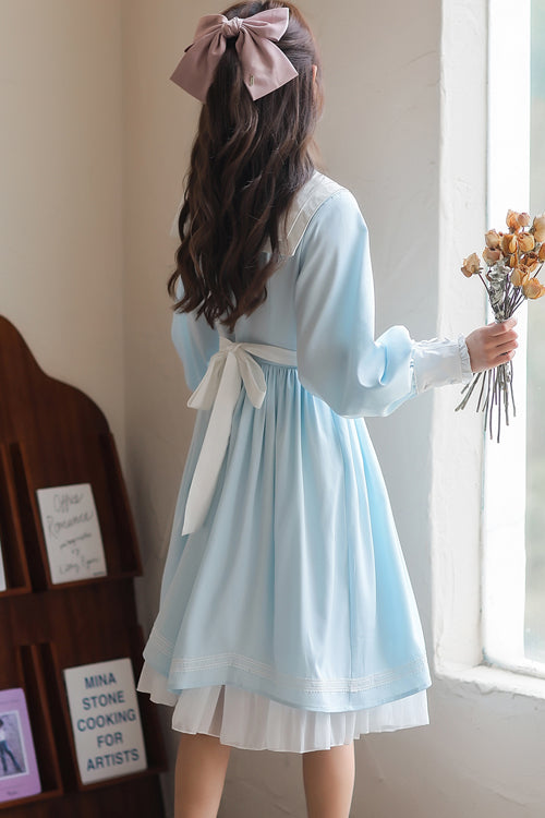 Lapel Collar Lantern Sleeves High Waisted With Bow Sweet Lolita OP Dress - Product - 8