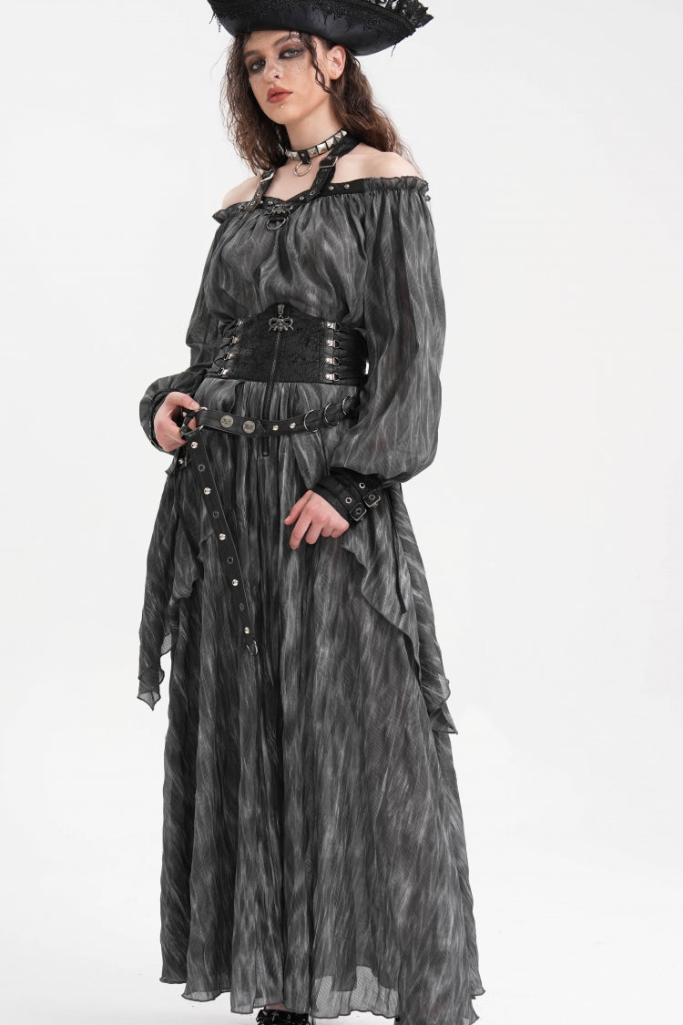 Black Ruffle Lace-Up Women's Gothic Eyelets Rivets Long Skirt - Product - 9