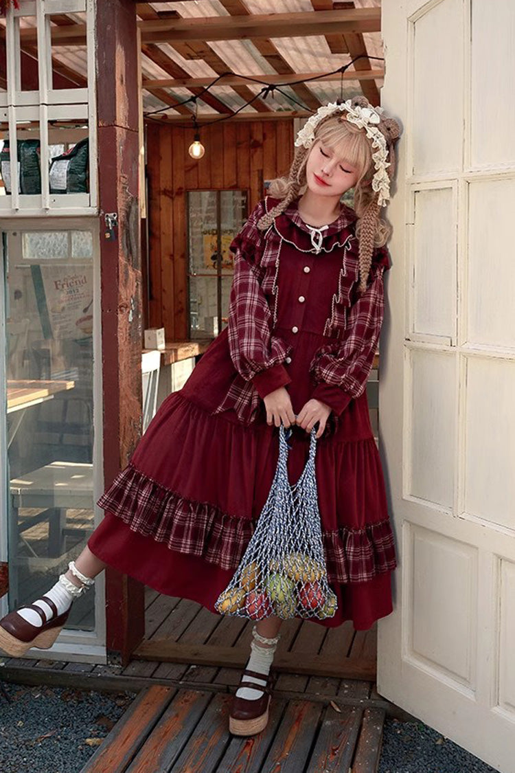 Red Velvet Plaid Print Bowknot Christmas Sweet Lolita Dress - Product - 2
