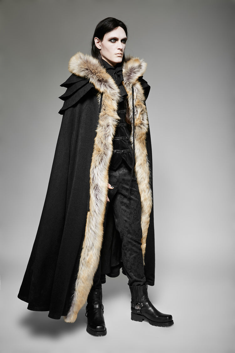 Black Hooded Fur Collar Wool Long Mens Gothic Coat Cloak - Product - 3