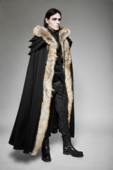 Black Hooded Fur Collar Wool Long Mens Gothic Coat Cloak - Product - 3