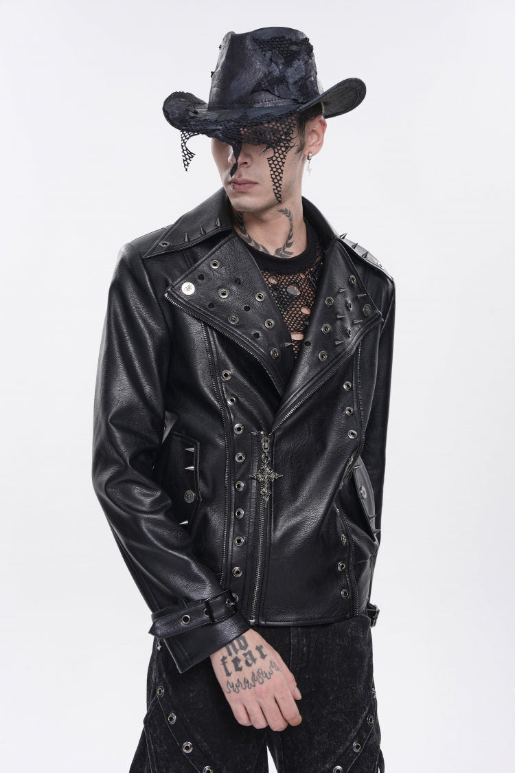 Black Lapel Collar Long Sleeves Studded Buckled Zippered Eyelet Women's Punk Jacket - Product - 10