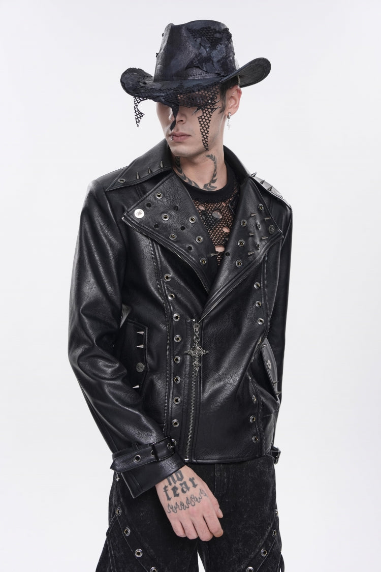 Black Lapel Collar Long Sleeves Studded Buckled Zippered Eyelet Women's Punk Jacket - Product - 10