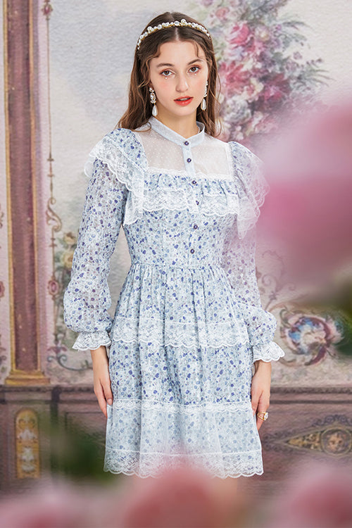 Blue Chiffon Stand Collar French Lace Floral Embroidered Trumpet Long Sleeves Ruffled Sweet Lolita OP Dress - Product - 2