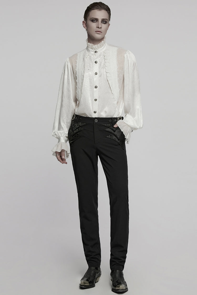 White Stand Collar Long Puff Sleeves Jacquard Ruffle Embroidery Men's Gothic Blouse - Product - 4