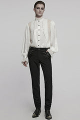 White Stand Collar Long Puff Sleeves Jacquard Ruffle Embroidery Men's Gothic Blouse - Product - 4