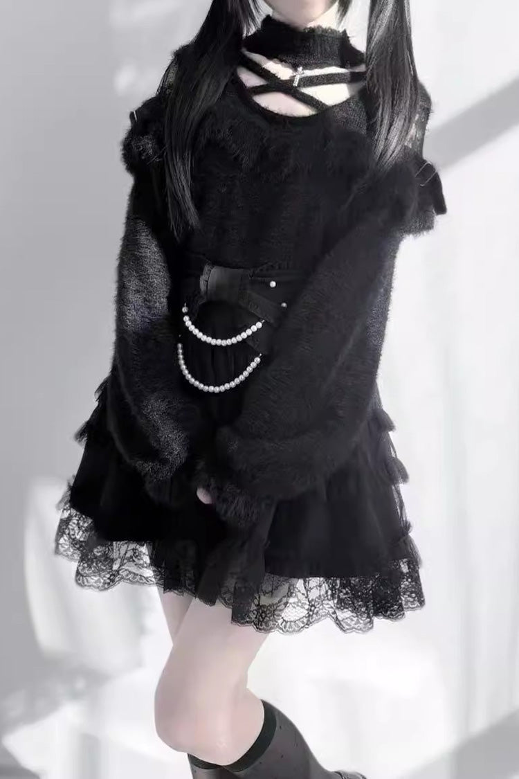 Pearl Ruffle Bowknot Lace Sweet Jirai Kei Skirt 2 Colors - Product - 3