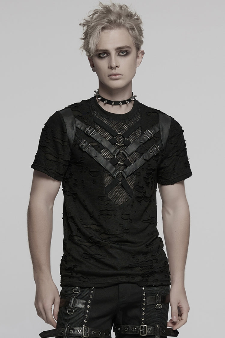 Black Short Sleeves Stitching Mesh Ripped Strap Men's Punk T-Shirt - Black - 1