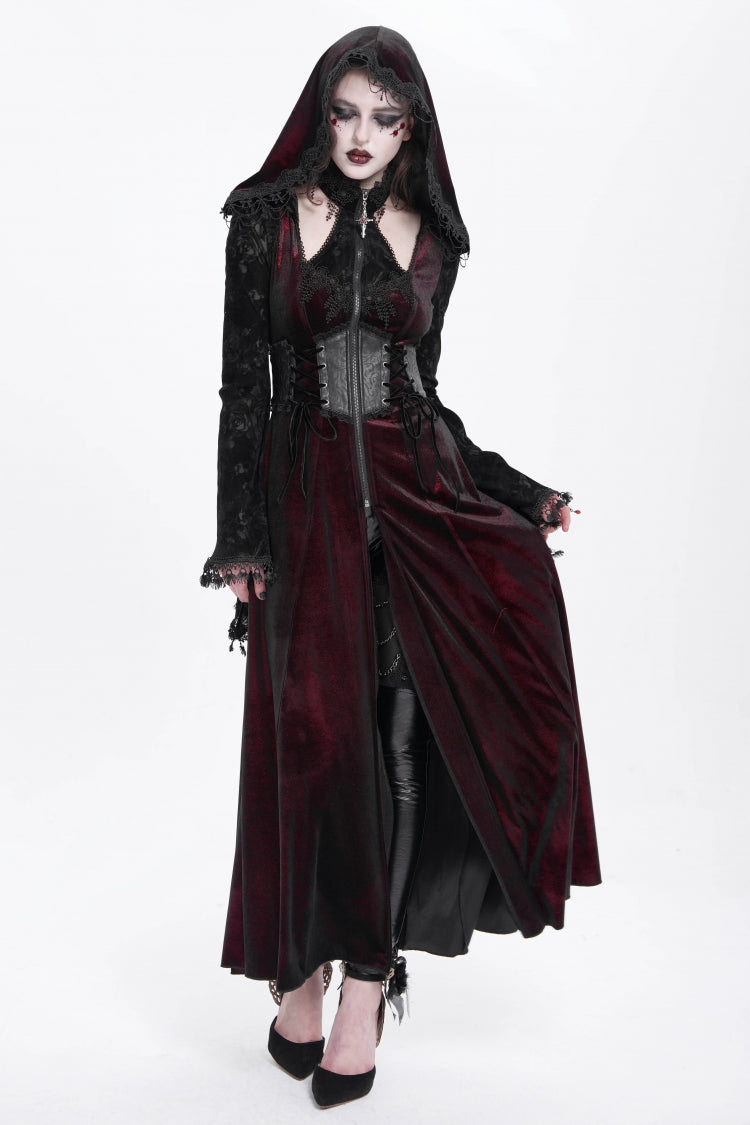 Red Long Sleeves Hollow Embroidery Hooded Ripped Women's Gothic Dress Coat - Product - 4