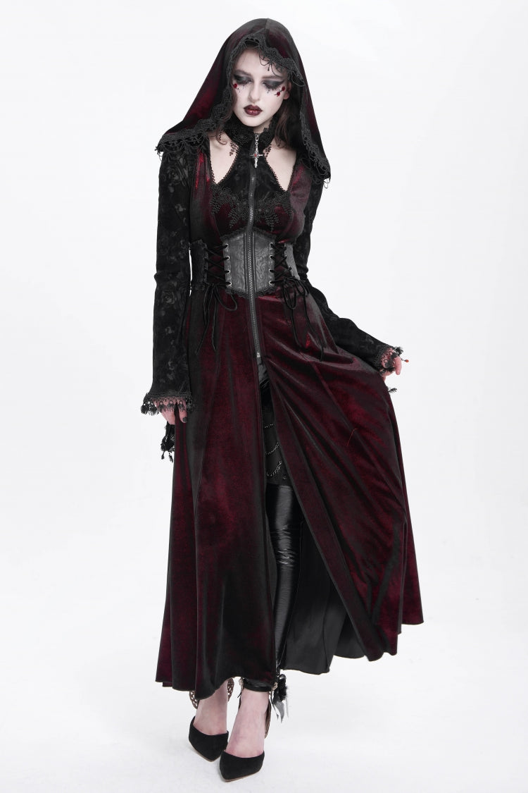 Red Long Sleeves Hollow Embroidery Hooded Ripped Women's Gothic Dress Coat - Product - 4
