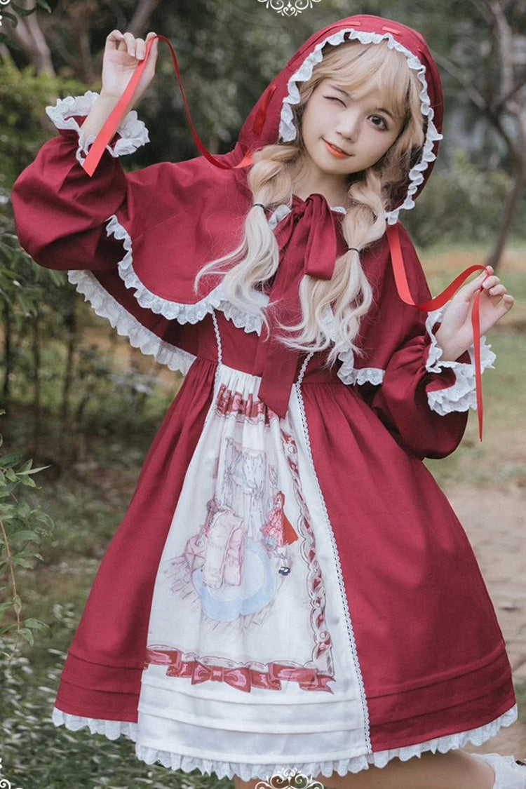 Red Little Red Riding Hood Sleeveless Print Ruffle Bowknot Sweet Princess (Dress Only) detail view 6