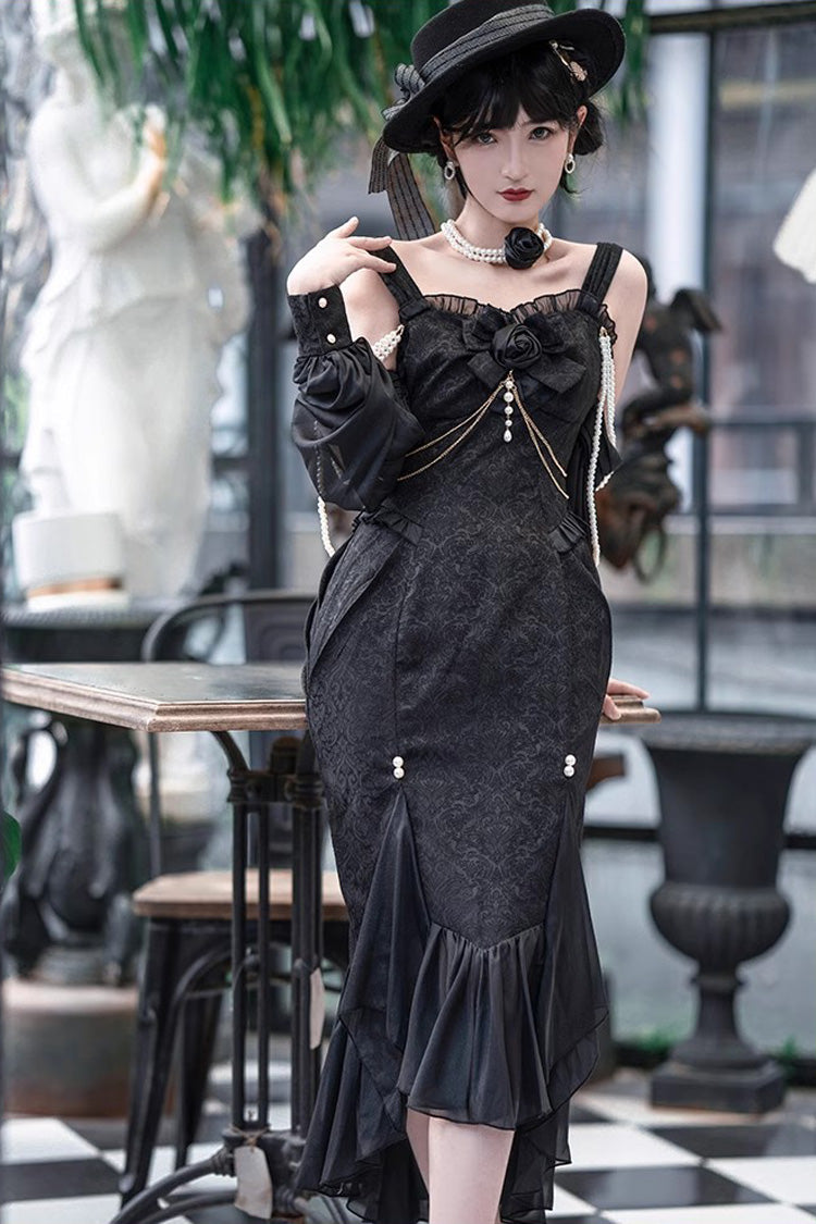 Black [Camellia 1.0] Sleeveless Jacquard Ruffle Lace Gothic Chinese Style Lolita Jsk Fishtail Dress - Product - 17