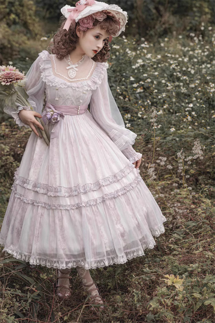 Light Purple Long Sleeves Ruffle Bowknot Lace Sweet Plus Size Elegant Lolita Dress - Product - 3