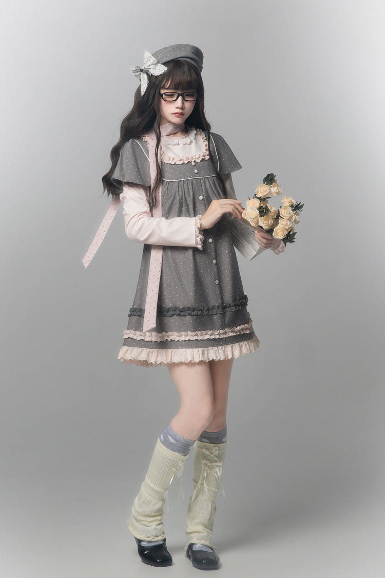 グレー [Polka Dot Bouclé] ラウンドカラー 長袖 プリント フリル 重ね着風 スウィート 和風 ロリータワンピース 商品画像