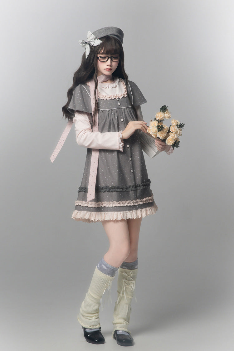 Grey [Polka Dot Bouclé] Round Collar Long Sleeves Printed Ruffled Faux Two-Piece Sweet Japanese Lolita Dress - Product - 8
