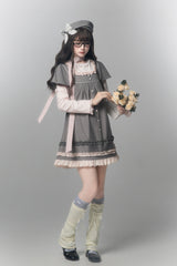 Grey [Polka Dot Bouclé] Round Collar Long Sleeves Printed Ruffled Faux Two-Piece Sweet Japanese Lolita Dress - Product - 8