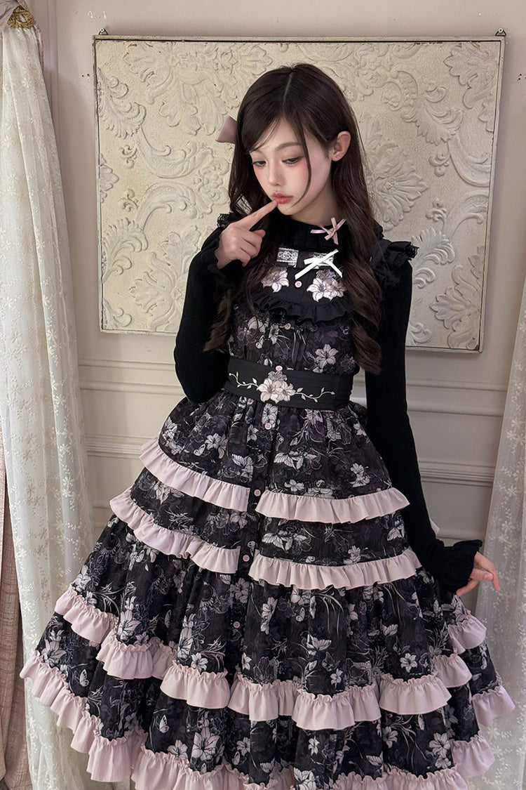 Black [Sacred Heart Lily] Round Collar Sleeveless Multi-Layered Printed Ruffled Embroidered Sweet Chinese Inspired Lolita Jumper Dress - Product - 7
