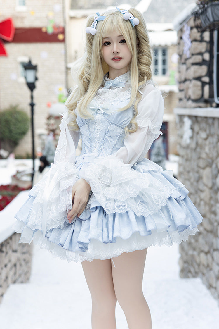 Light Blue Halterneck Double-Layered Jacquard Ruffle Bowknot Lace Sweet Ballet Lolita Jsk Dress - Blue - 1