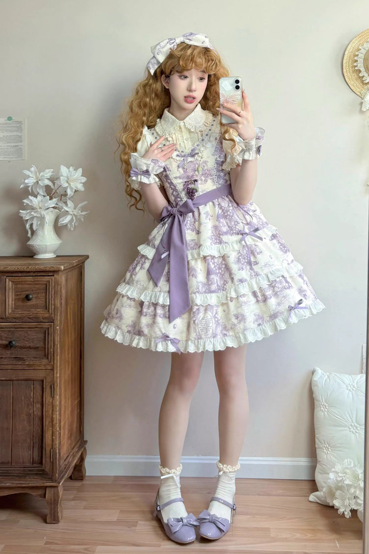Purple [Grape Moon Almanac] Sleeveless Multi-Layered Printed Ruffled Bow Adjustable-Length Sweet Lolita Jsk Dress - Product - 11