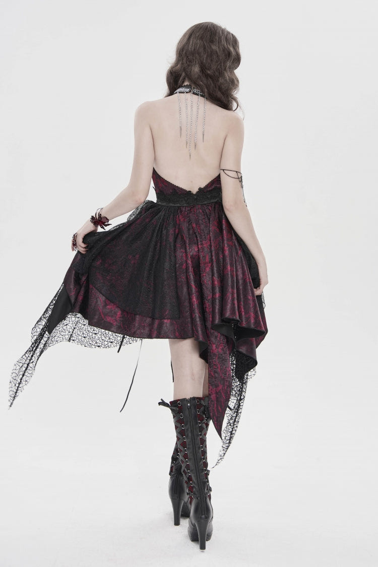 ブラック／レッド オフショルダー ノースリーブ ティアード プリント レース 変形 Tassels レディース ゴシック ワンピース 商品画像