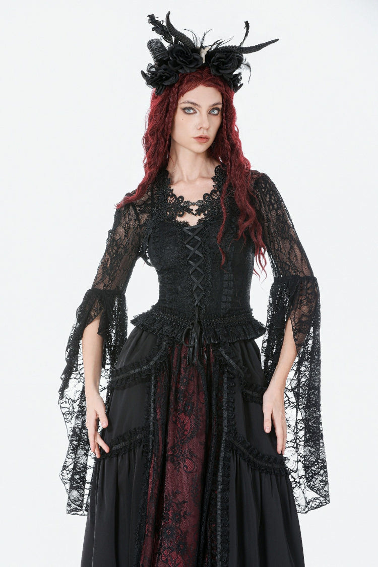 Black Women's Gothic Lace Flare Long Sleeve Crop Shrug - Product - 5