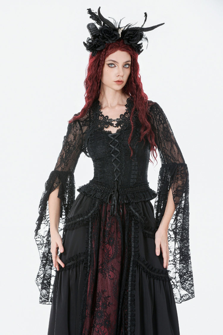 Black Women's Gothic Lace Flare Long Sleeve Crop Shrug - Product - 5