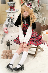 Red [Christmas Velvet Cake] Triple-Layered Printed Ruffled Bow Lace-Up Gothic Elegant Lolita Jsk Dress - Product - 15
