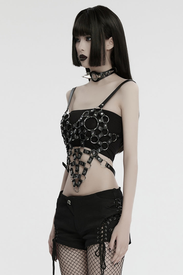 Black Faux Leather Stitching Cutout Ring Women's Punk Crop Top - Product - 2