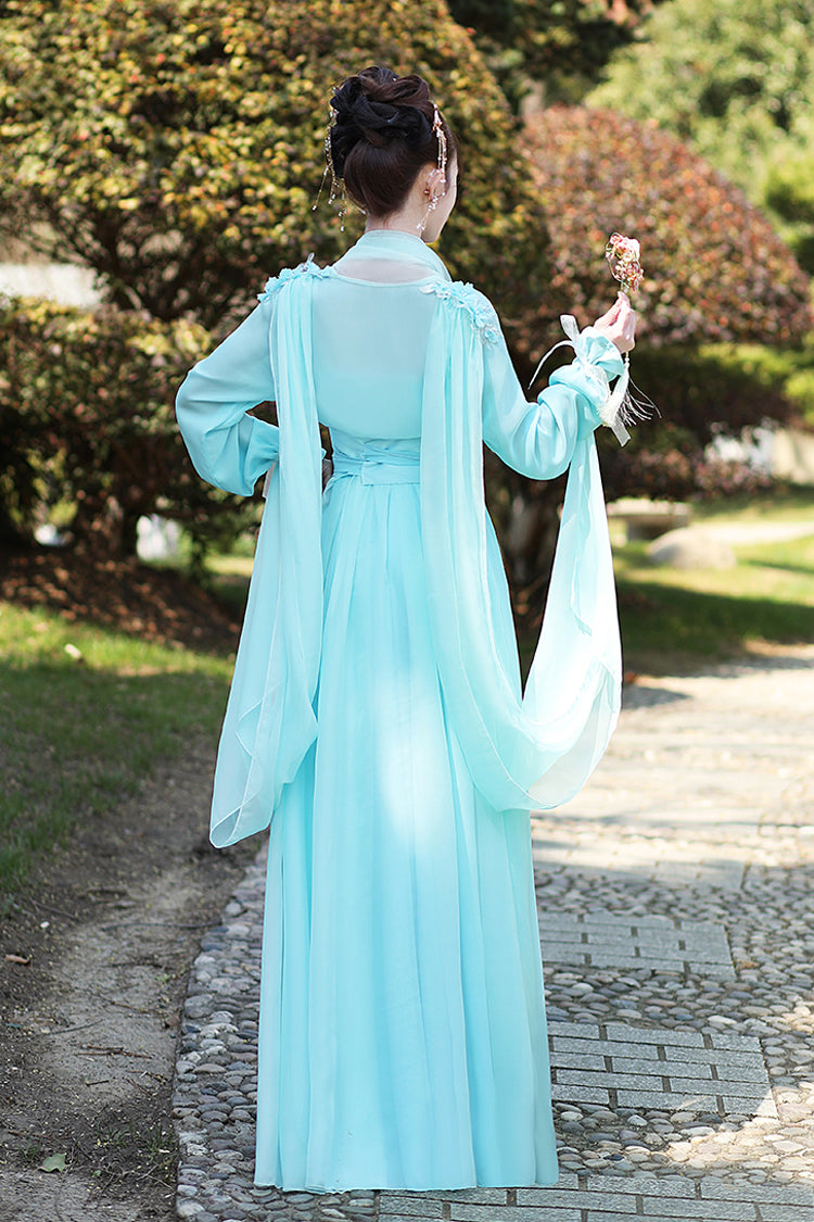 Blue Long Sleeves Print Embroidery Women's Sweet Classic Hanfu Dress Full Set - Product - 5