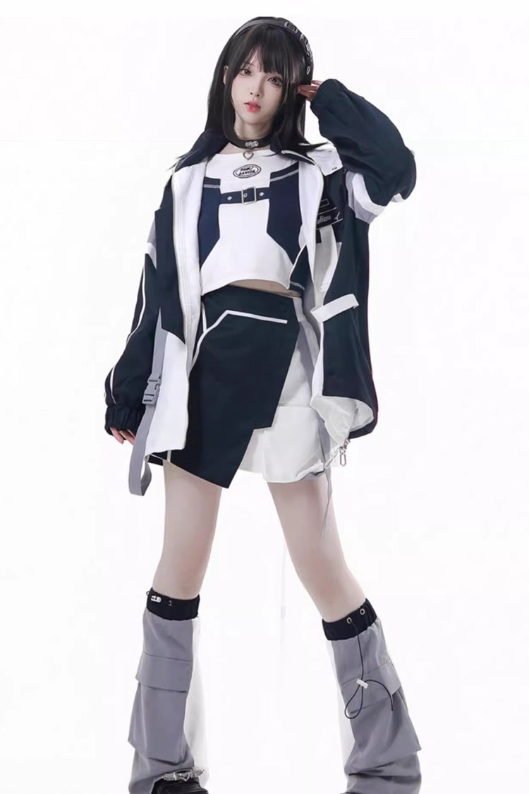 Blue/White [Message Overload] Techwear Long Sleeves Embroidered Asymmetric Jirai Kei Coat Skirt Set - Product - 3