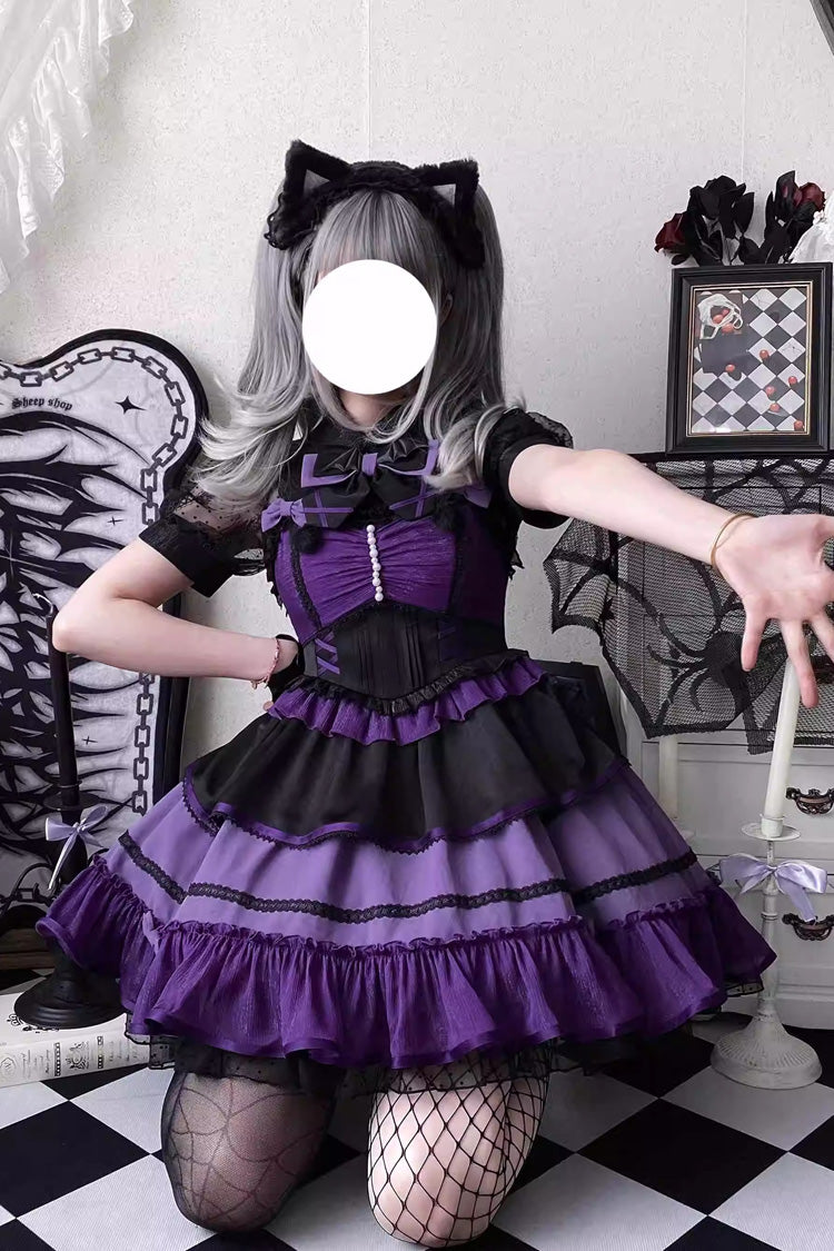 Black/Purple [Cotton Cloud] Lapel Collar Ruffle Bowknot Lace-Up Gothic Lolita Jsk Dress - Product - 3