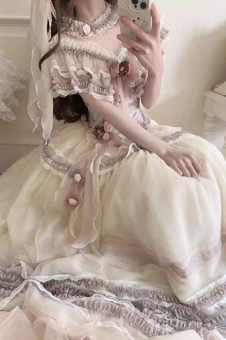 Purple [Wisteria Poem] Sleeveless Ruffled Cut-Out Embroidered Bow Lace Sweet Lolita Two-piece Skirt Set - Product - 5